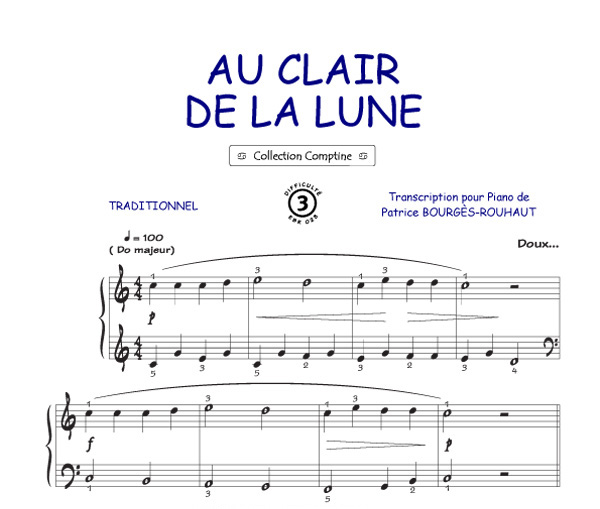 Au Clair De La Lune Piano Partition Sheet Music : Au clair de la lune (Comptine) (Piano, Voice)